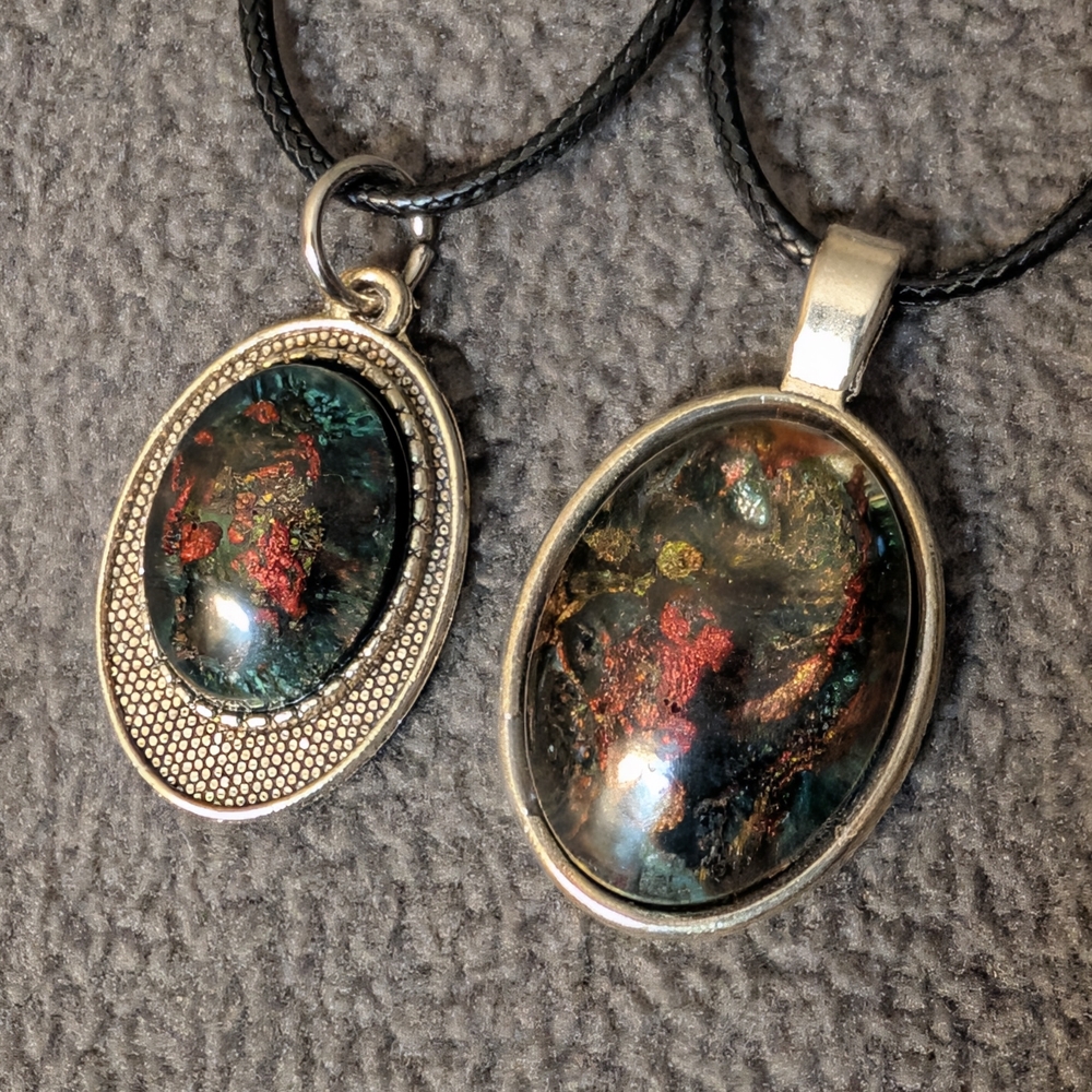 2 Hand Crafted Resin Silver Necklace with Red and Green Accents